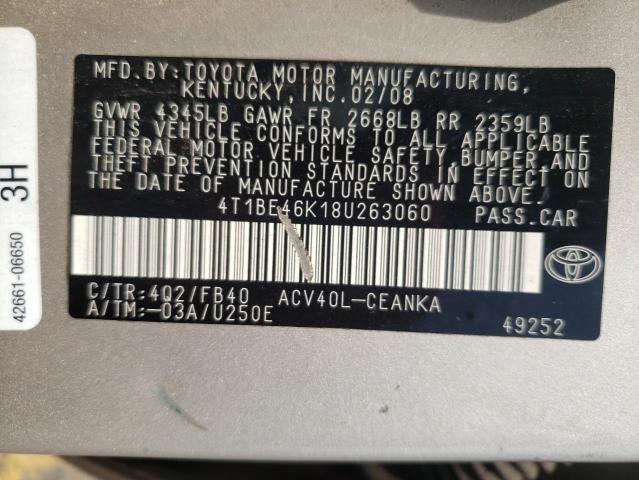 Photo 10 from auction – 2008 TOYOTA CAMRY CE with VIN 4T1BE46K18U263060
