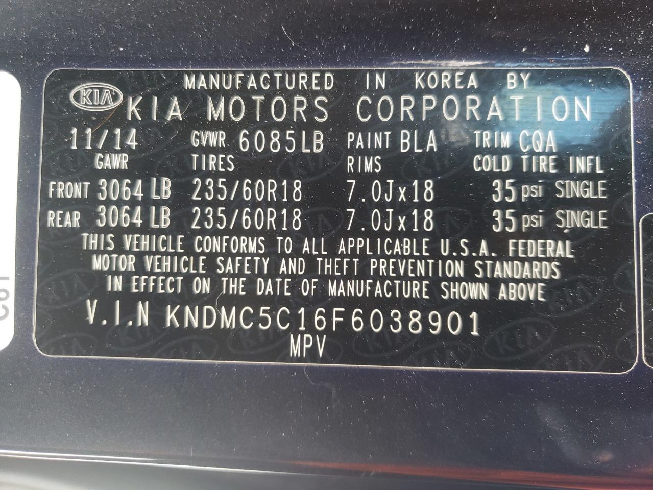 Photo 10 from auction – 2015 KIA SEDONA EX with VIN KNDMC5C16F6038901