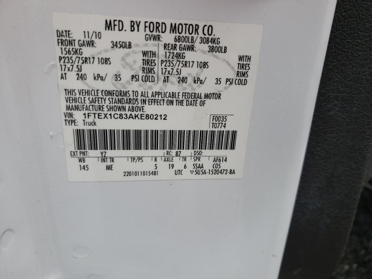 Photo 20 from auction – 2010 FORD F150 SUPER with VIN 1FTEX1C83AKE80212