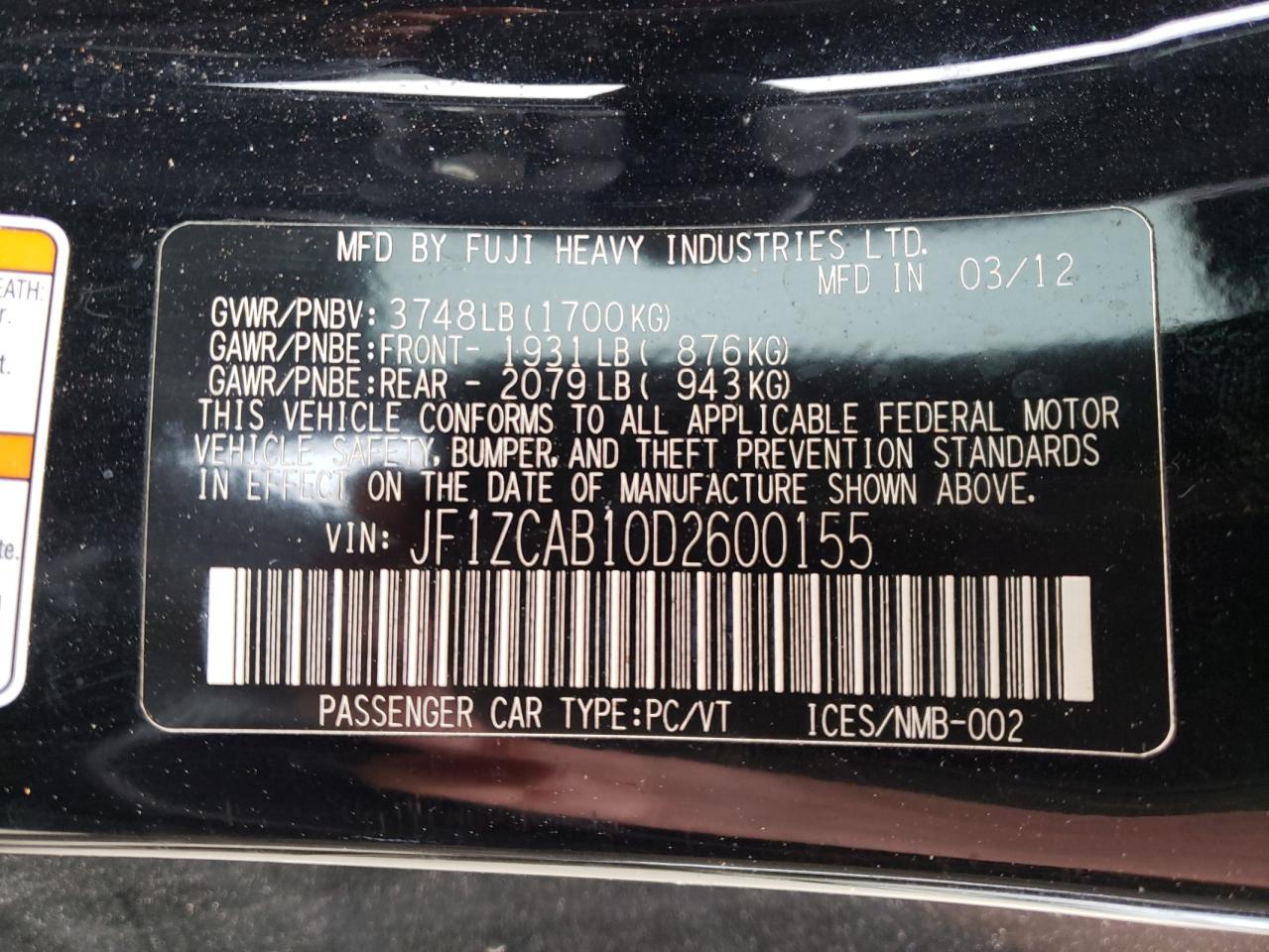 Photo 10 from auction – 2013 SUBARU BRZ 2.0 PR with VIN JF1ZCAB10D2600155