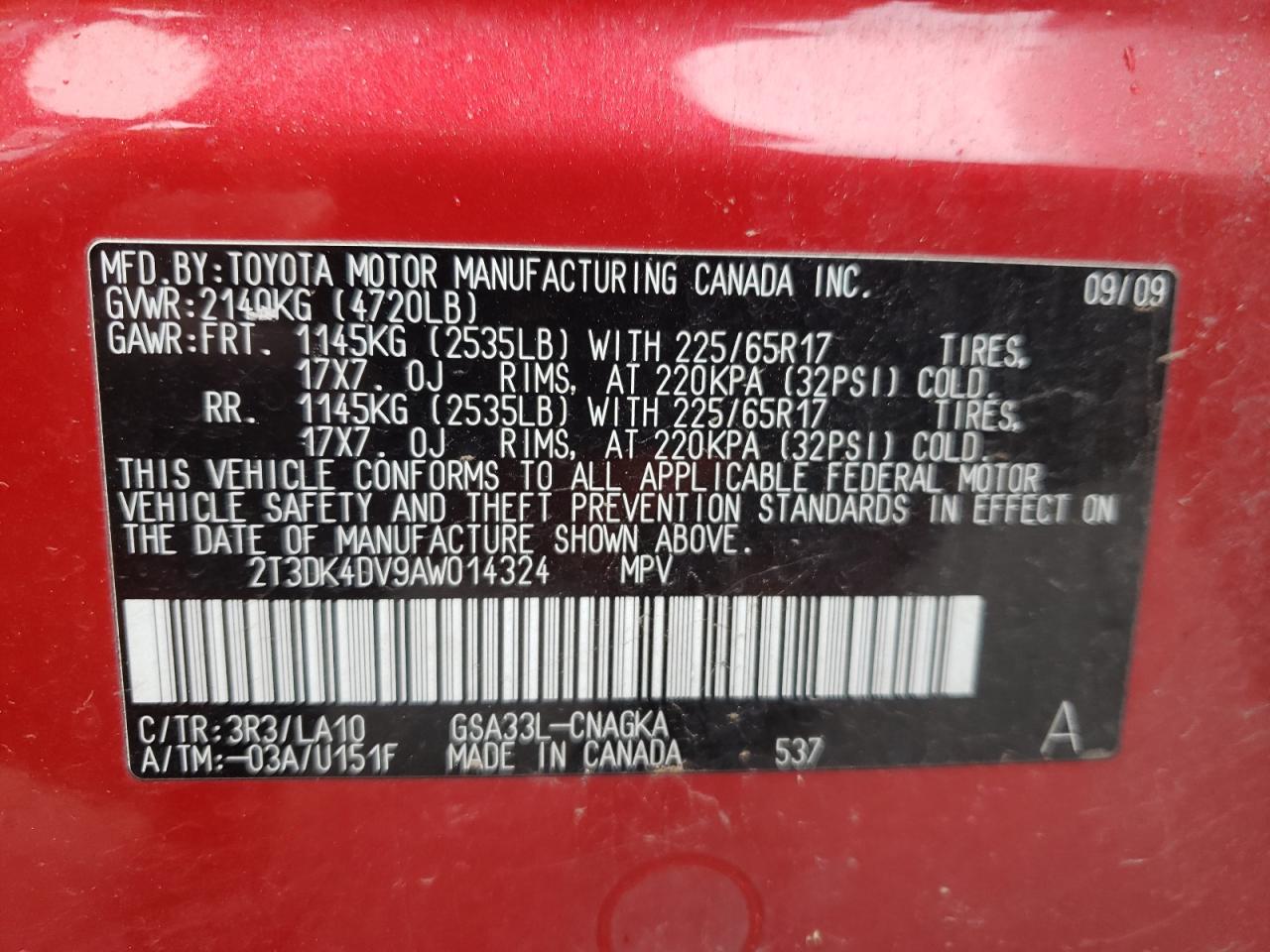 Photo 10 from auction – 2010 TOYOTA RAV4 LIMIT with VIN 2T3DK4DV9AW014324