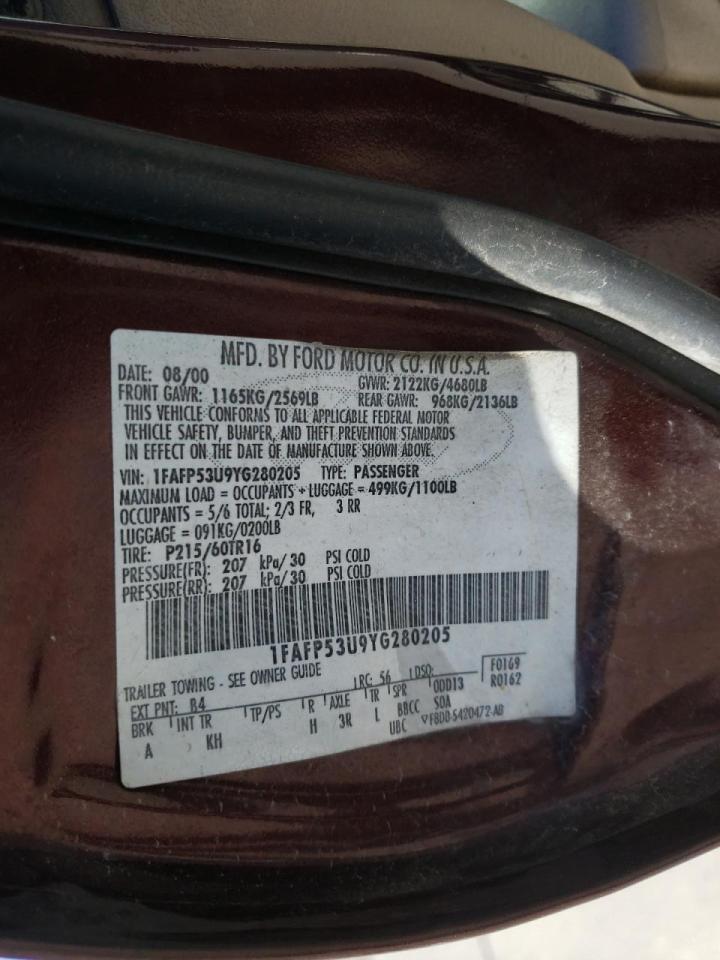 Photo 10 from auction – 2000 FORD TAURUS SE with VIN 1FAFP53U9YG280205