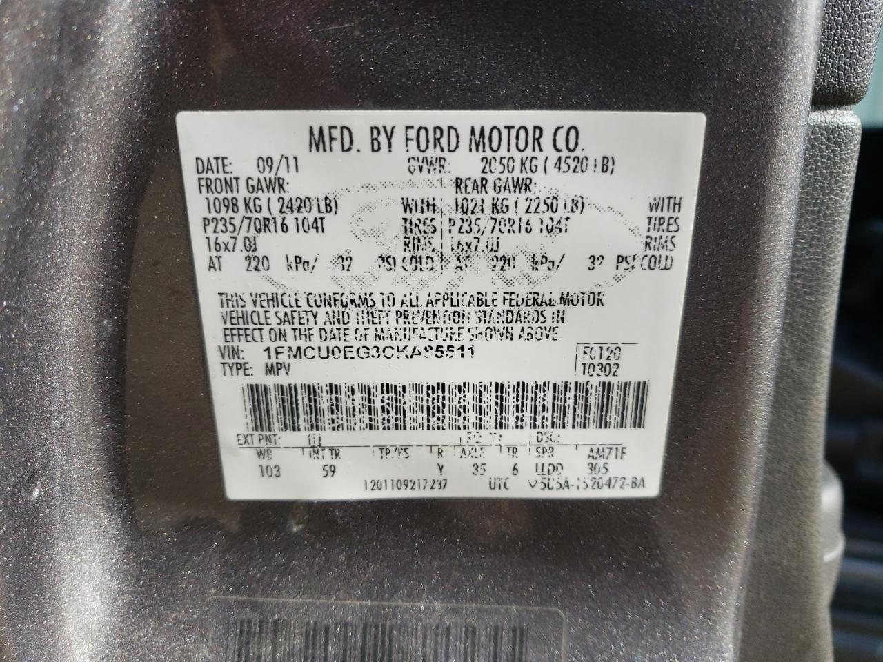 Photo 10 from auction – 2012 FORD ESCAPE LIM with VIN 1FMCU0EG3CKA85511