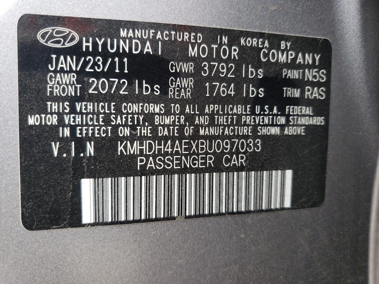 Photo 10 from auction – 2011 HYUNDAI ELANTRA GL with VIN KMHDH4AEXBU097033