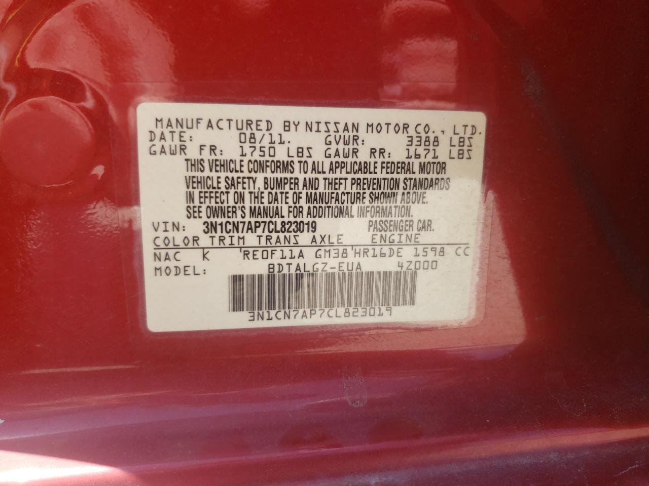 Photo 10 from auction – 2012 NISSAN VERSA with VIN 3N1CN7AP7CL823019