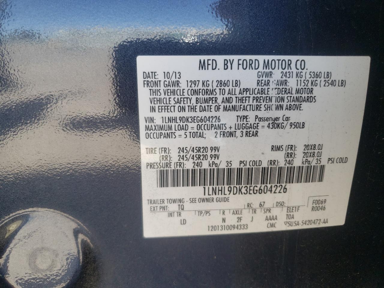 Photo 10 from auction – 2014 LINCOLN MKS with VIN 1LNHL9DK3EG604226