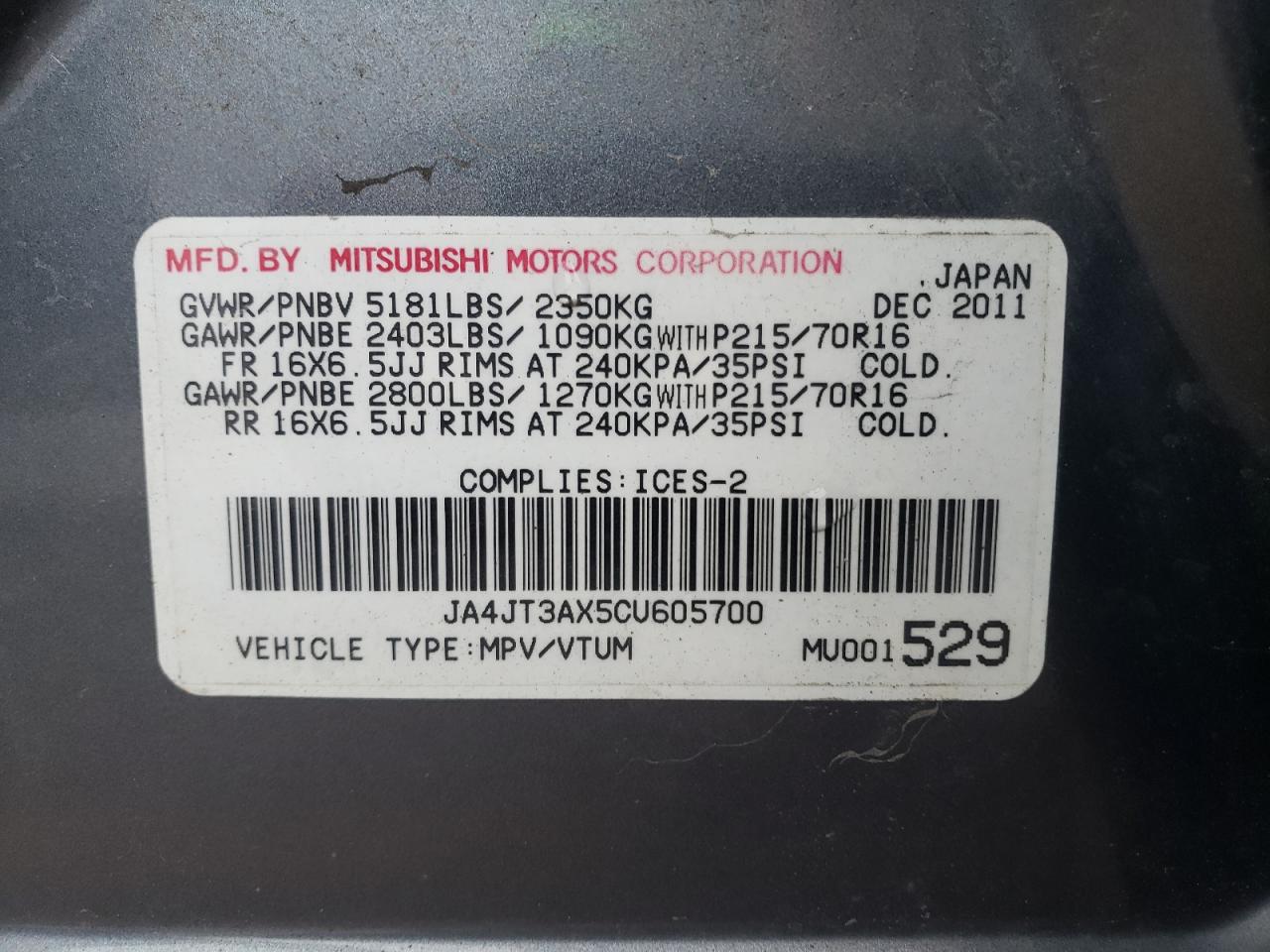 Photo 11 from auction – 2012 MITSUBISHI OUTLANDER with VIN JA4JT3AX5CU605700