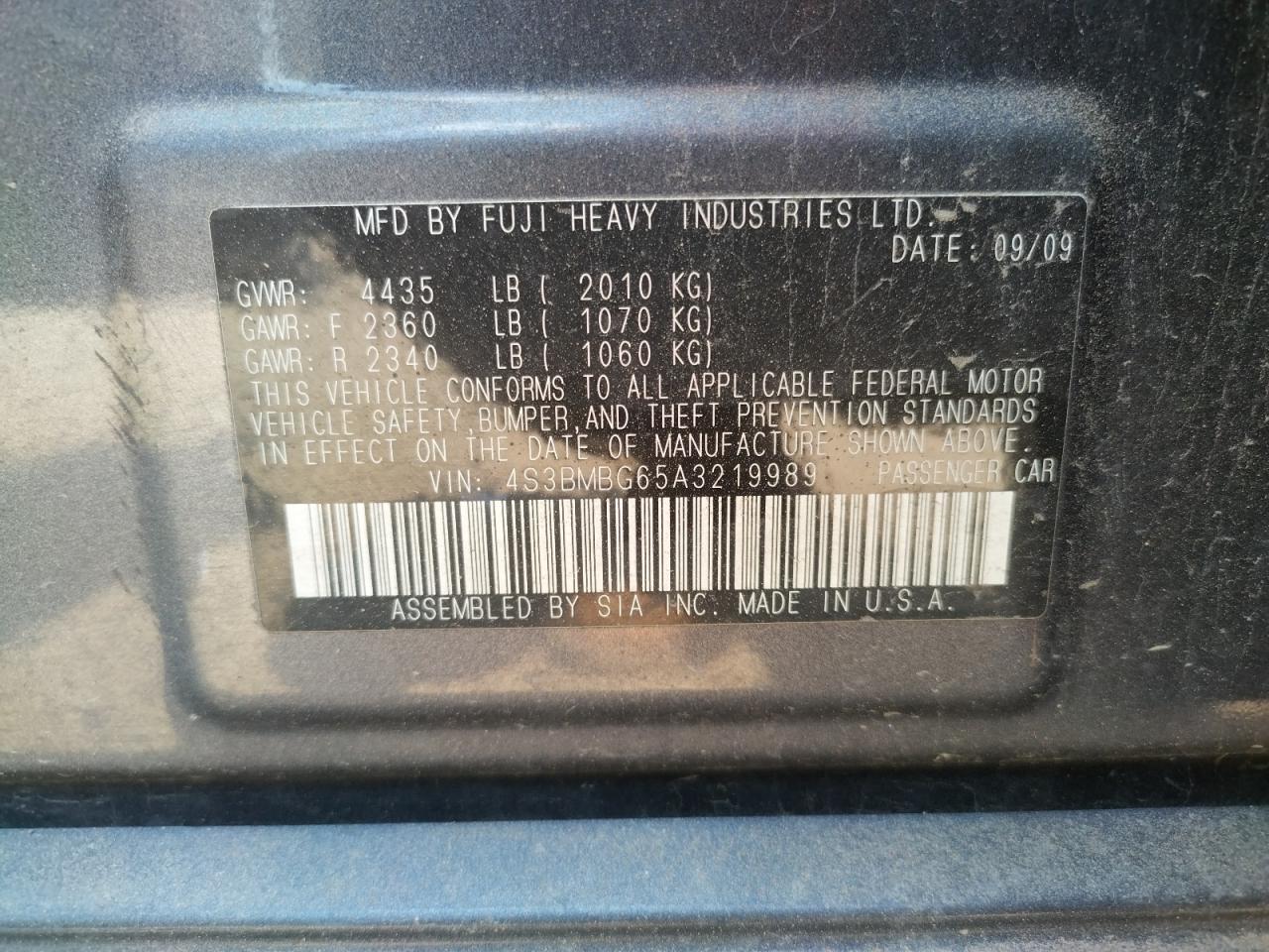 Photo 10 from auction – 2010 SUBARU LEGACY 2.5 with VIN 4S3BMBG65A3219989