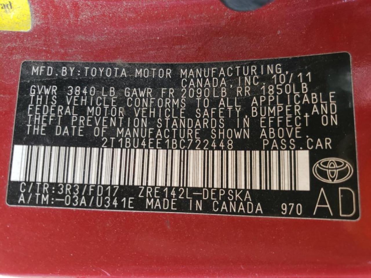 Photo 10 from auction – 2011 TOYOTA COROLLA BA with VIN 2T1BU4EE1BC722448