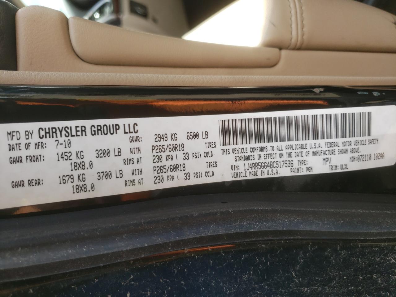 Photo 10 from auction – 2011 JEEP GRAND CHER with VIN 1J4RR5GG4BC517536