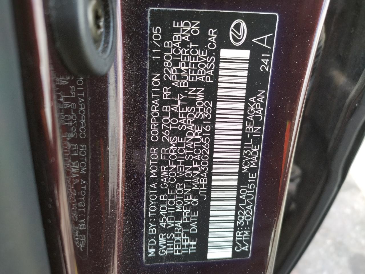 Photo 10 from auction – 2006 LEXUS ES 330 with VIN JTHBA30G265161352