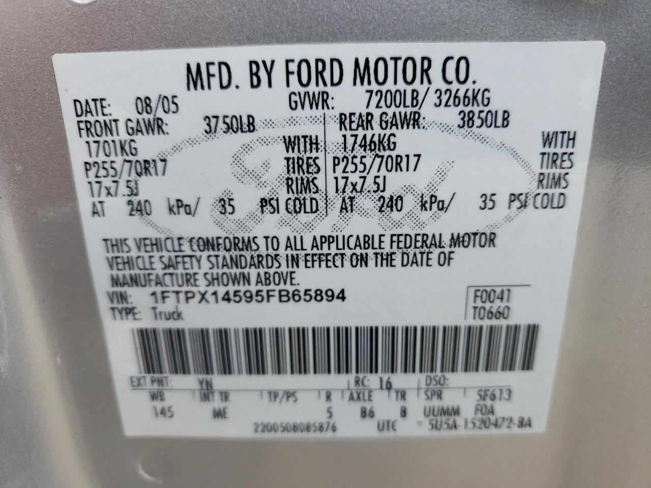 Photo 10 from auction – 2005 FORD F150 with VIN 1FTPX14595FB65894