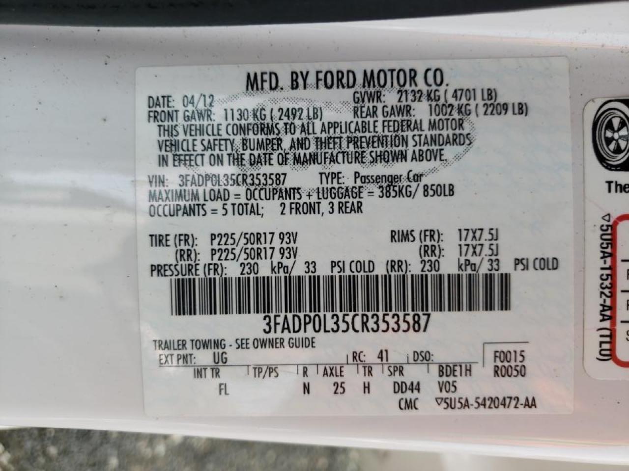Photo 10 from auction – 2012 FORD FUSION HYB with VIN 3FADP0L35CR353587
