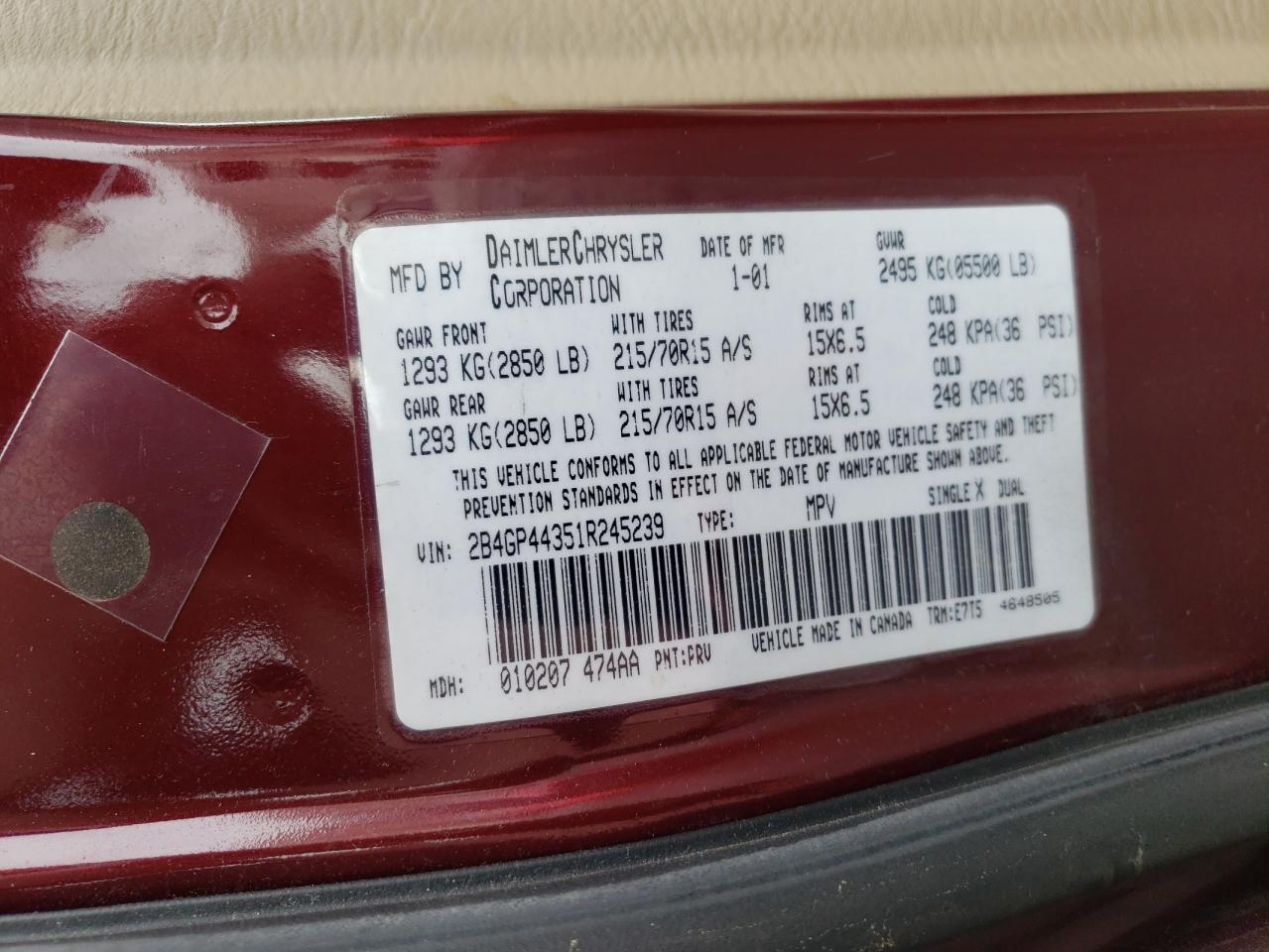 Photo 10 from auction – 2001 DODGE GRAND CARA with VIN 2B4GP44351R245239