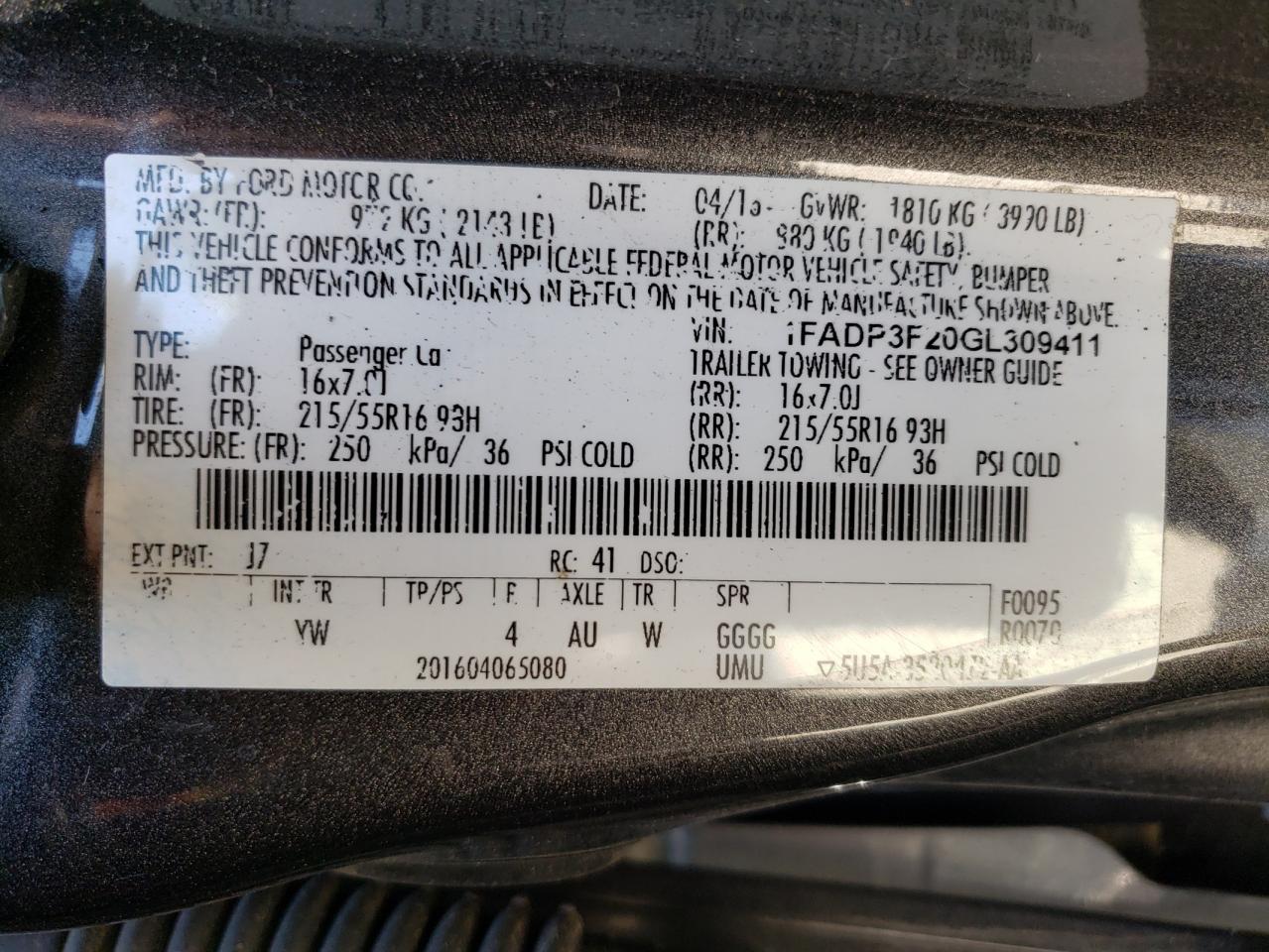 Photo 10 from auction – 2016 FORD FOCUS SE with VIN 1FADP3F20GL309411