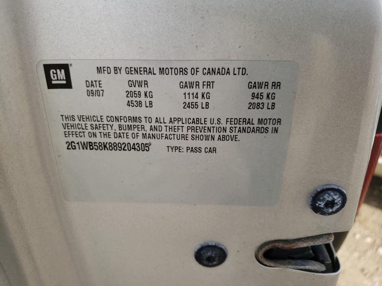 Photo 10 from auction – 2008 CHEVROLET IMPALA LS with VIN 2G1WB58K889204305