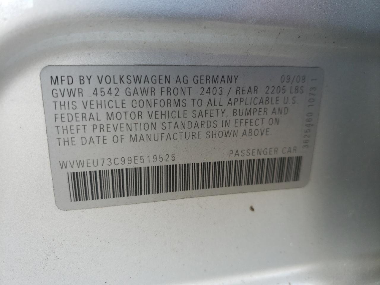 Photo 10 from auction – 2009 VOLKSWAGEN CC with VIN WVWEU73C99E519525