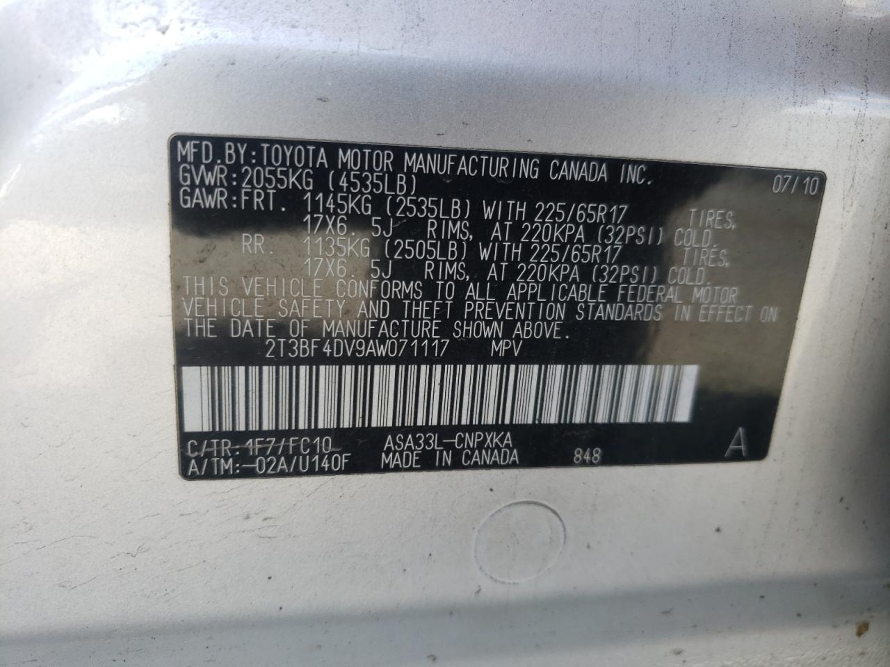 Photo 10 from auction – 2010 TOYOTA RAV4 with VIN 2T3BF4DV9AW071117
