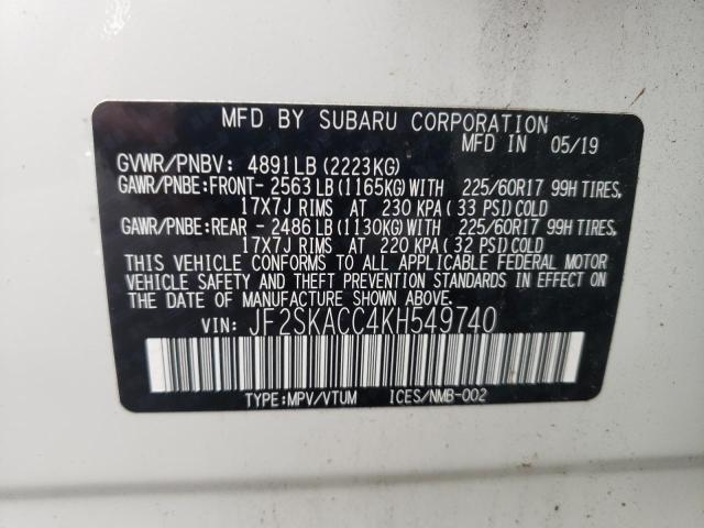 Photo 10 from auction – 2019 SUBARU FORESTER with VIN JF2SKACC4KH549740