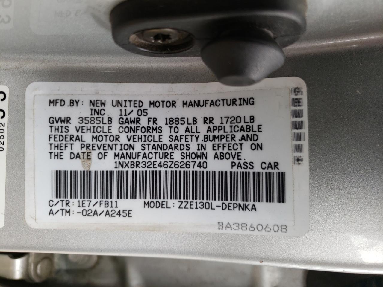 Photo 20 from auction – 2006 TOYOTA COROLLA CE with VIN 1NXBR32E46Z626740