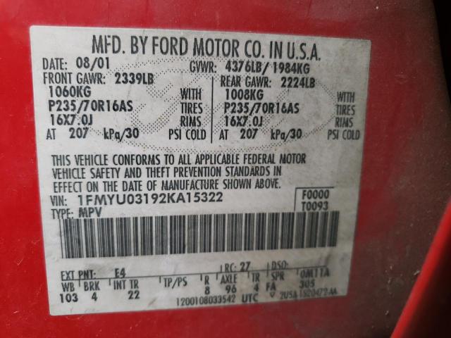 Photo 10 from auction – 2002 FORD ESCAPE XLT with VIN 1FMYU03192KA15322