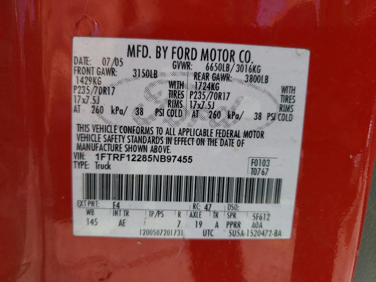 Foto 10 de la subasta – 2005 FORD F150 con VIN 1FTRF12285NB97455