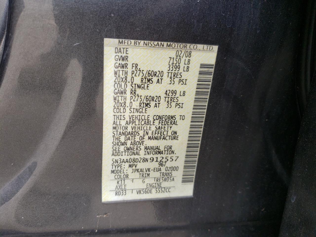 Photo 10 from auction – 2008 INFINITI QX56 with VIN 5N3AA08D28N912557