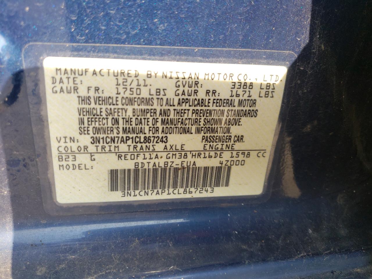 Photo 10 from auction – 2012 NISSAN VERSA S with VIN 3N1CN7AP1CL867243