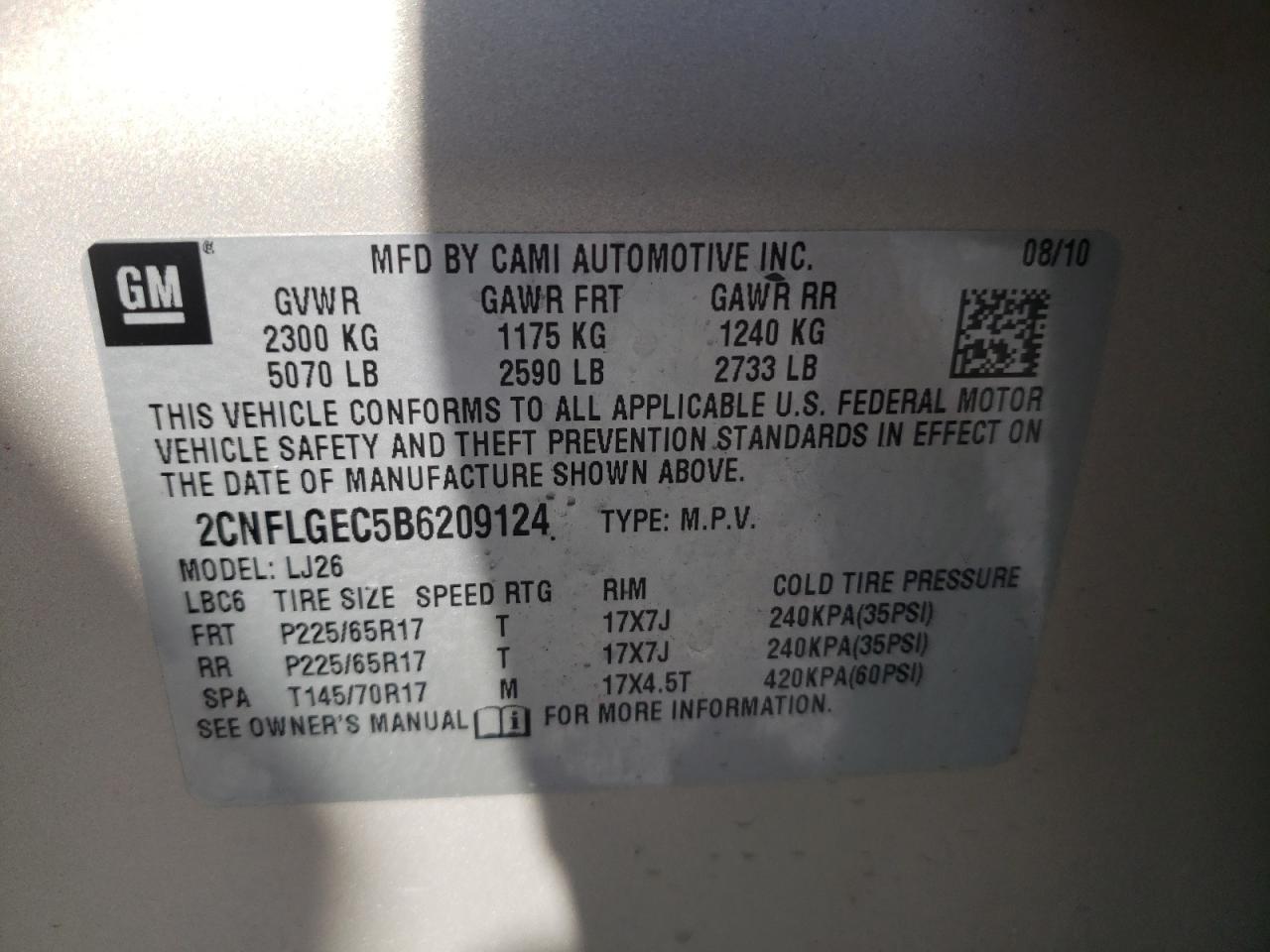 Photo 10 from auction – 2011 CHEVROLET EQUINOX LT with VIN 2CNFLGEC5B6209124