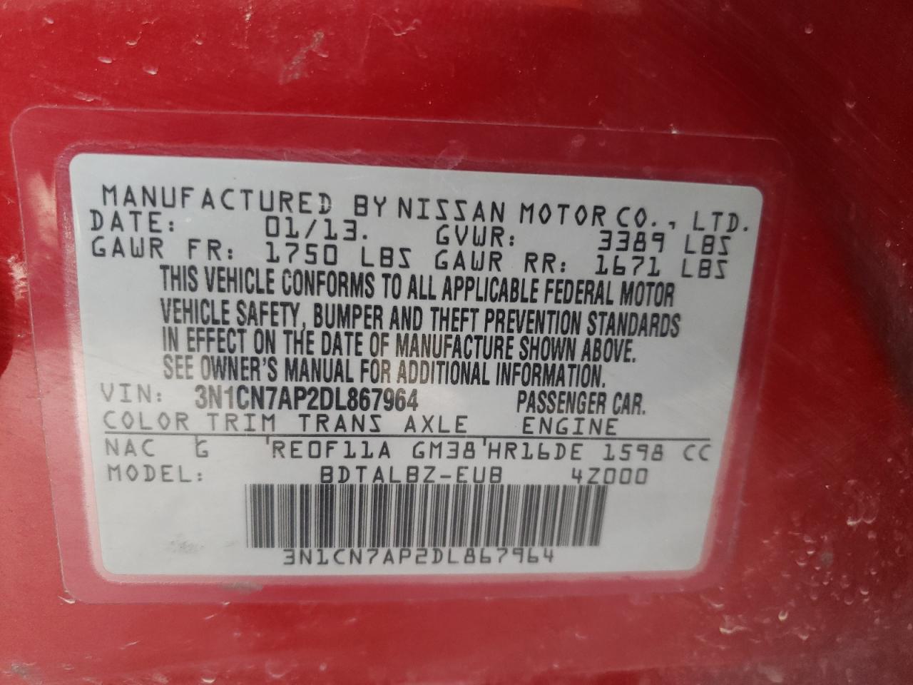 Photo 10 from auction – 2013 NISSAN VERSA S with VIN 3N1CN7AP2DL867964