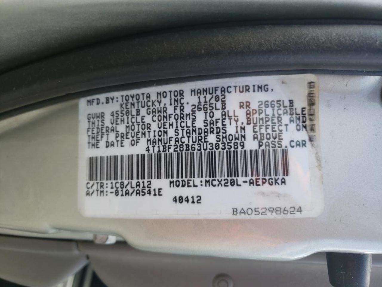 Photo 10 from auction – 2003 TOYOTA AVALON XL with VIN 4T1BF28B63U303589