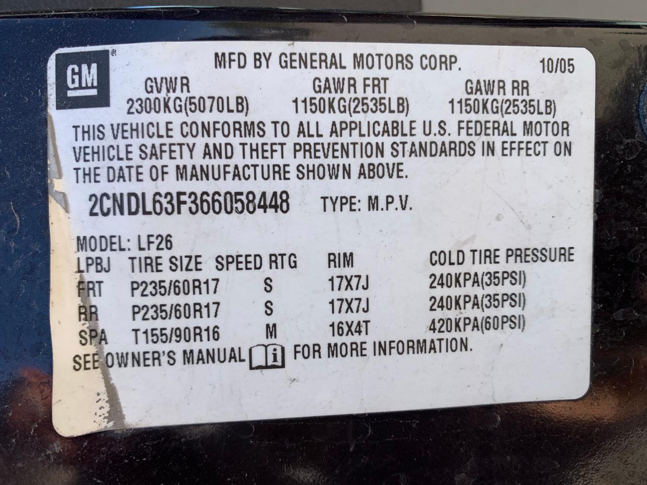 Photo 10 from auction – 2006 CHEVROLET EQUINOX LT with VIN 2CNDL63F366058448