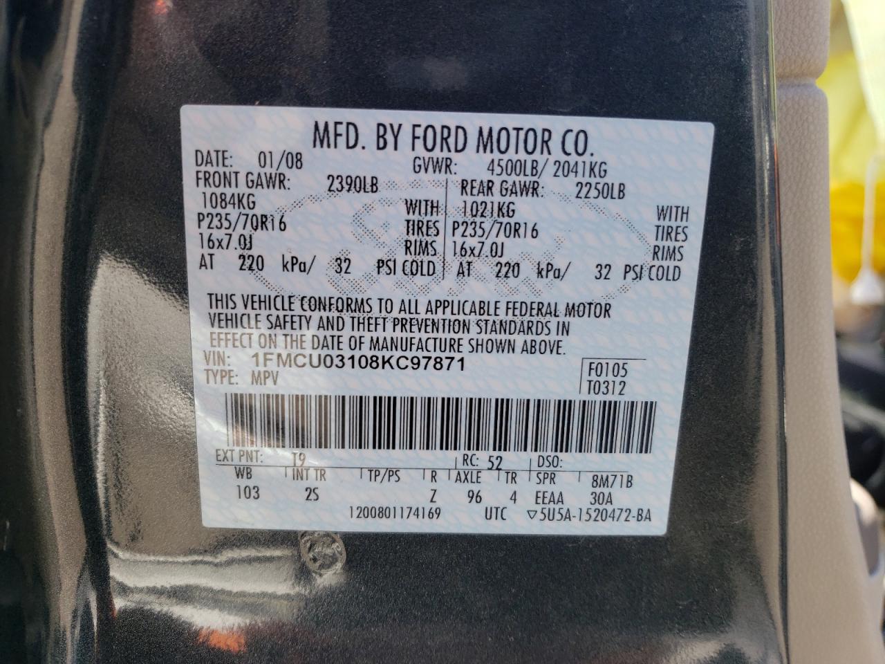 Photo 10 from auction – 2008 FORD ESCAPE XLT with VIN 1FMCU03108KC97871