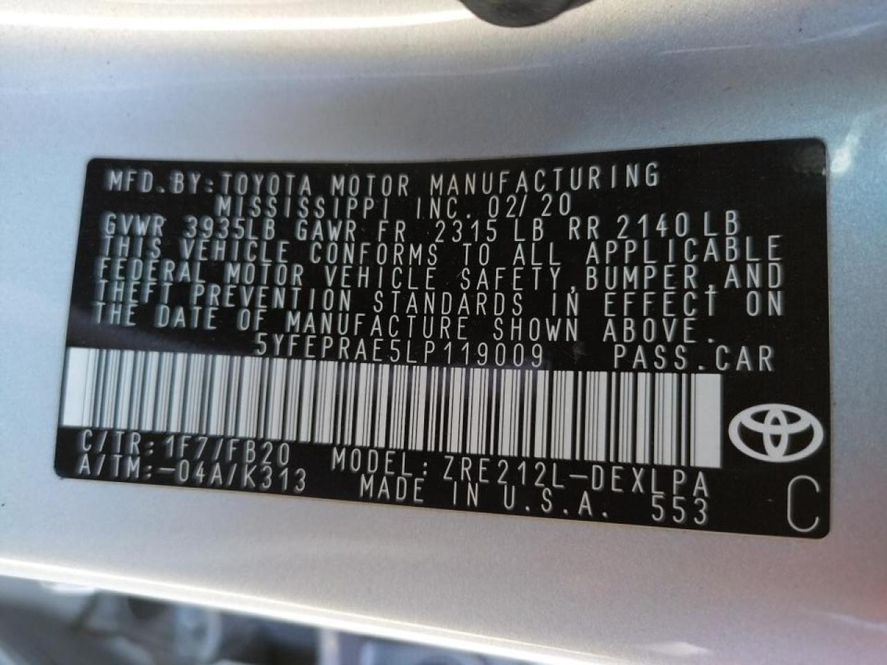 Photo 10 from auction – 2020 TOYOTA COROLLA LE with VIN 5YFEPRAE5LP119009