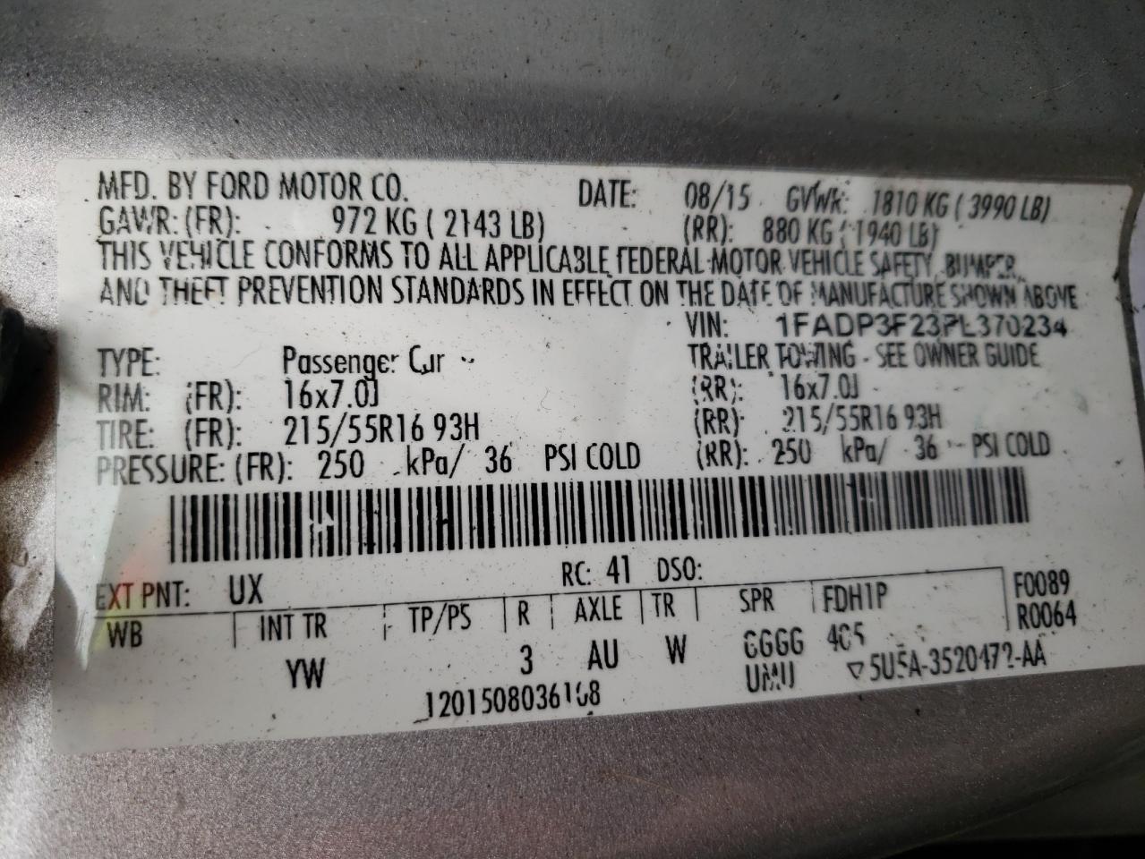 Photo 10 from auction – 2015 FORD FOCUS SE with VIN 1FADP3F23FL370234