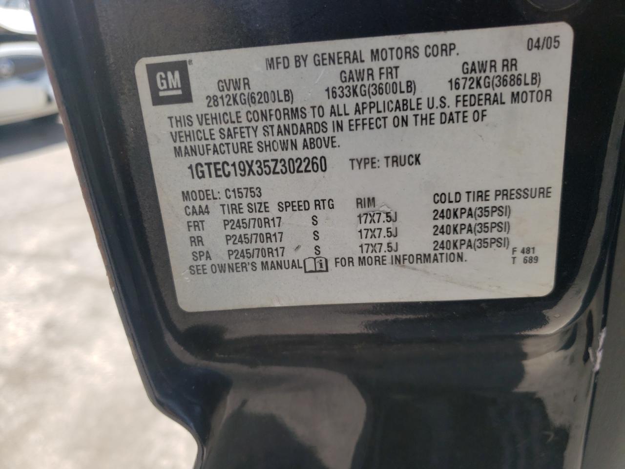 Photo 10 from auction – 2005 GMC NEW SIERRA with VIN 1GTEC19X35Z302260