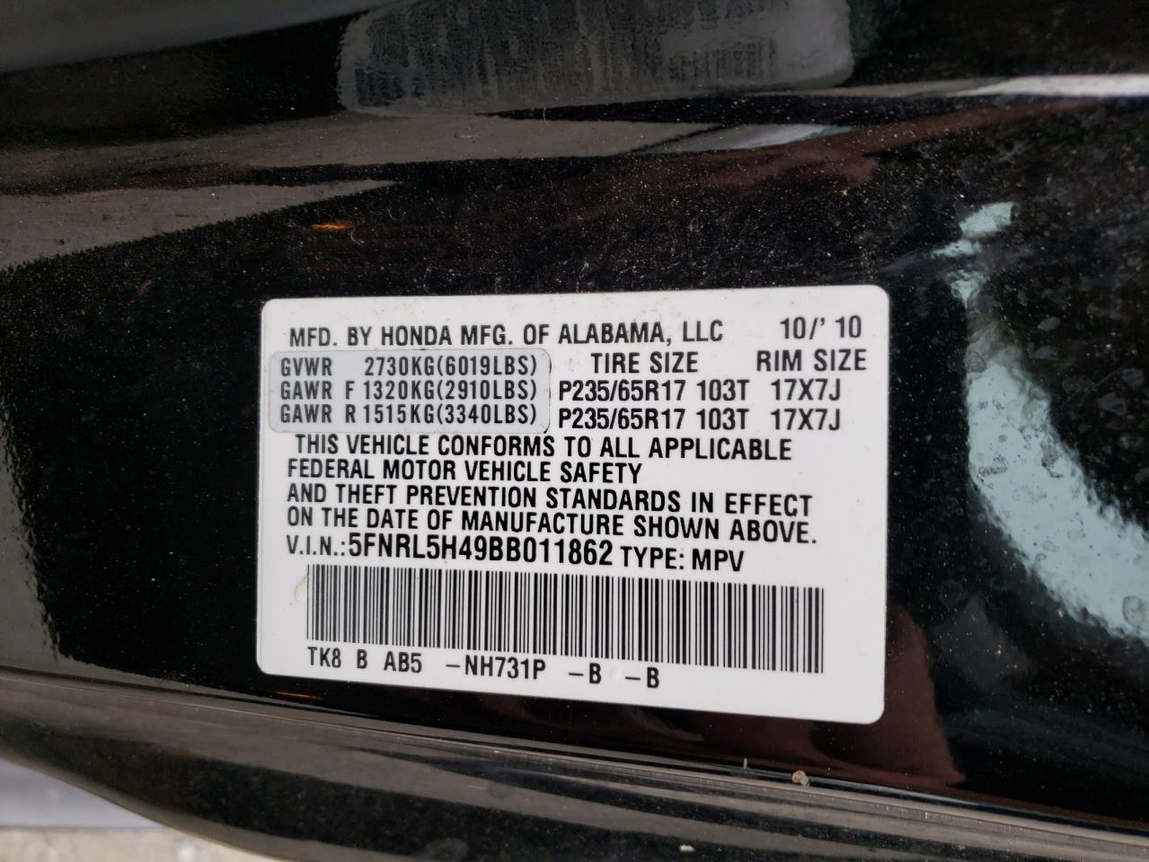 Photo 10 from auction – 2011 HONDA ODYSSEY EX with VIN 5FNRL5H49BB011862