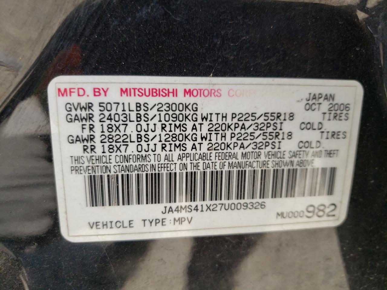 Photo 10 from auction – 2007 MITSUBISHI OUTLANDER with VIN JA4MS41X27U009326
