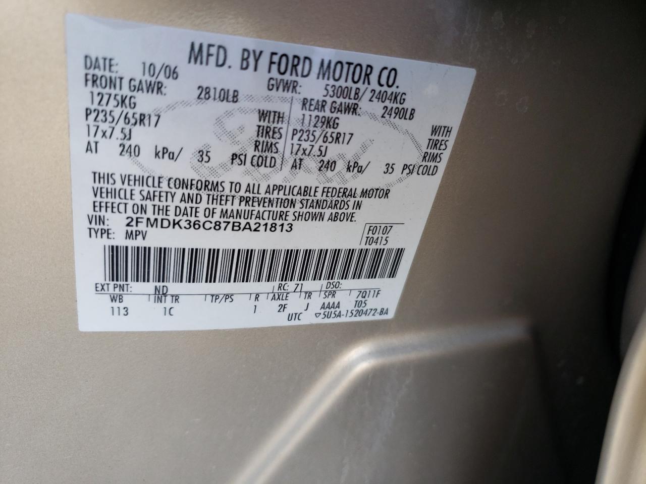 Photo 10 from auction – 2007 FORD EDGE SE with VIN 2FMDK36C87BA21813