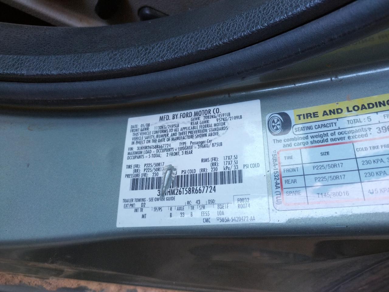 Photo 10 from auction – 2008 LINCOLN MKZ with VIN 3LNHM26T58R667724