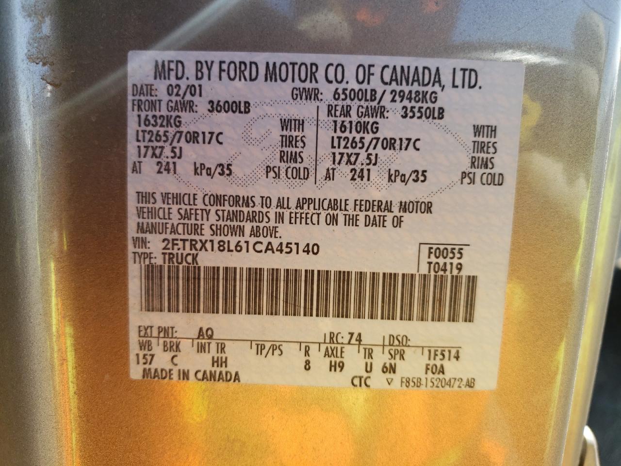 Photo 10 from auction – 2001 FORD F150 with VIN 2FTRX18L61CA45140