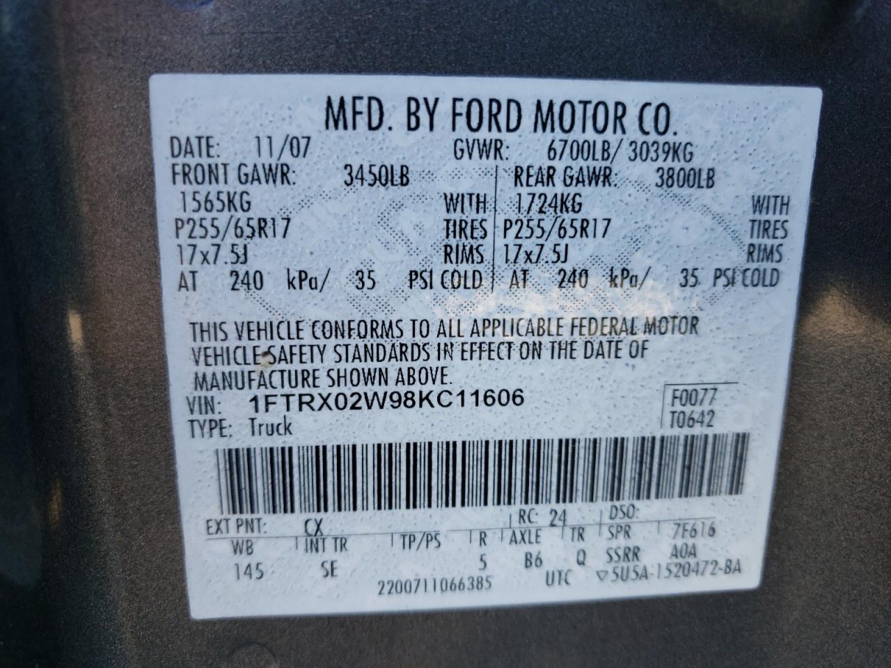Photo 10 from auction – 2008 FORD F150 with VIN 1FTRX02W98KC11606