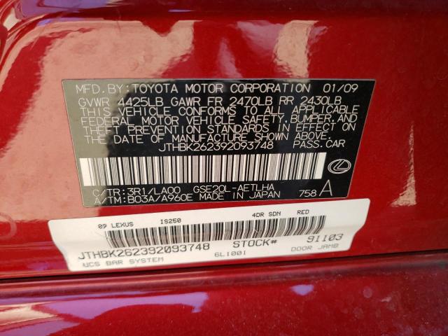 LEXUS IS 250 2009 with VIN JTHBK262392093748 - Photo from auction