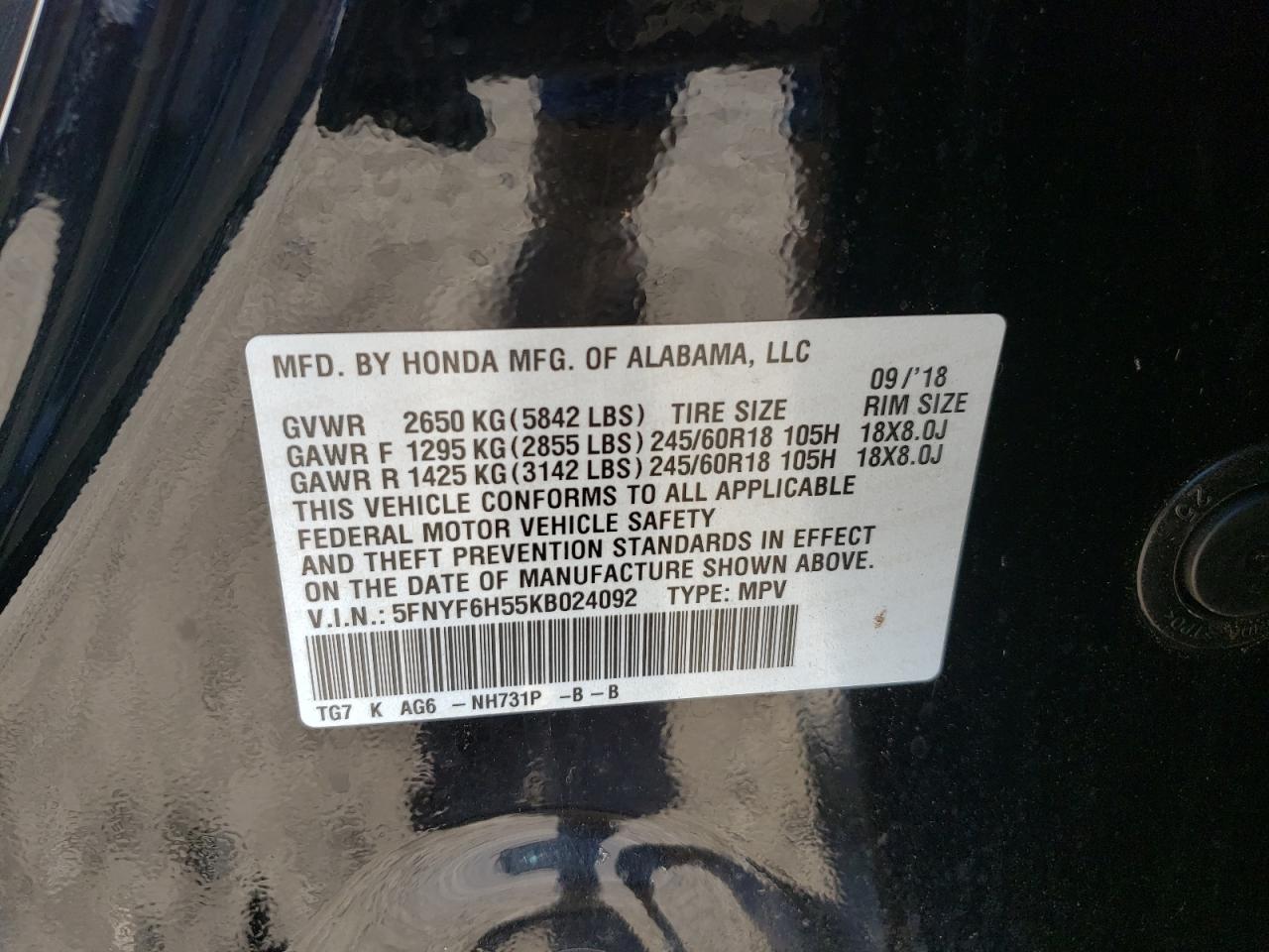 Photo 10 from auction – 2019 HONDA PILOT EXL with VIN 5FNYF6H55KB024092