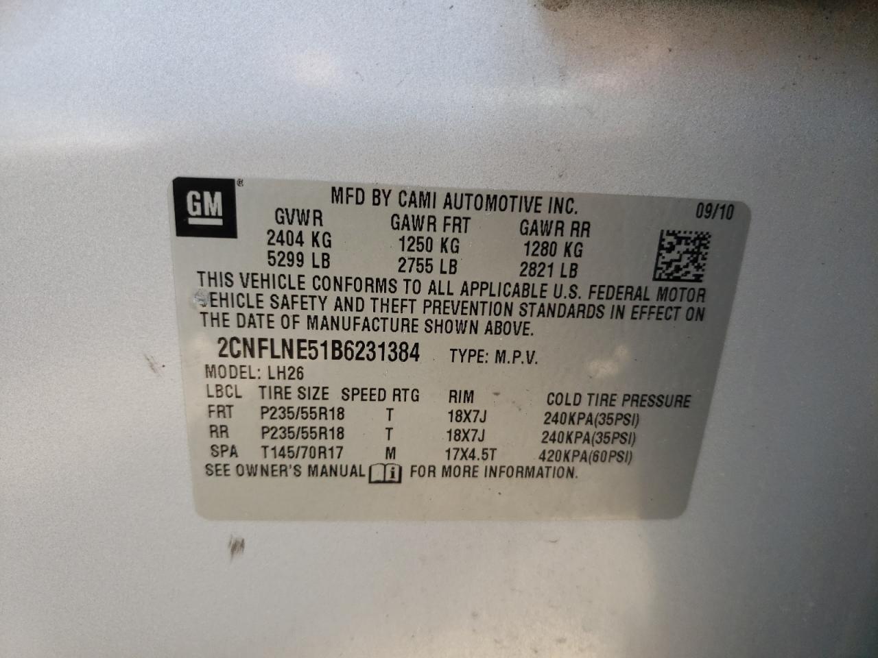Photo 10 from auction – 2011 CHEVROLET EQUINOX LT with VIN 2CNFLNE51B6231384
