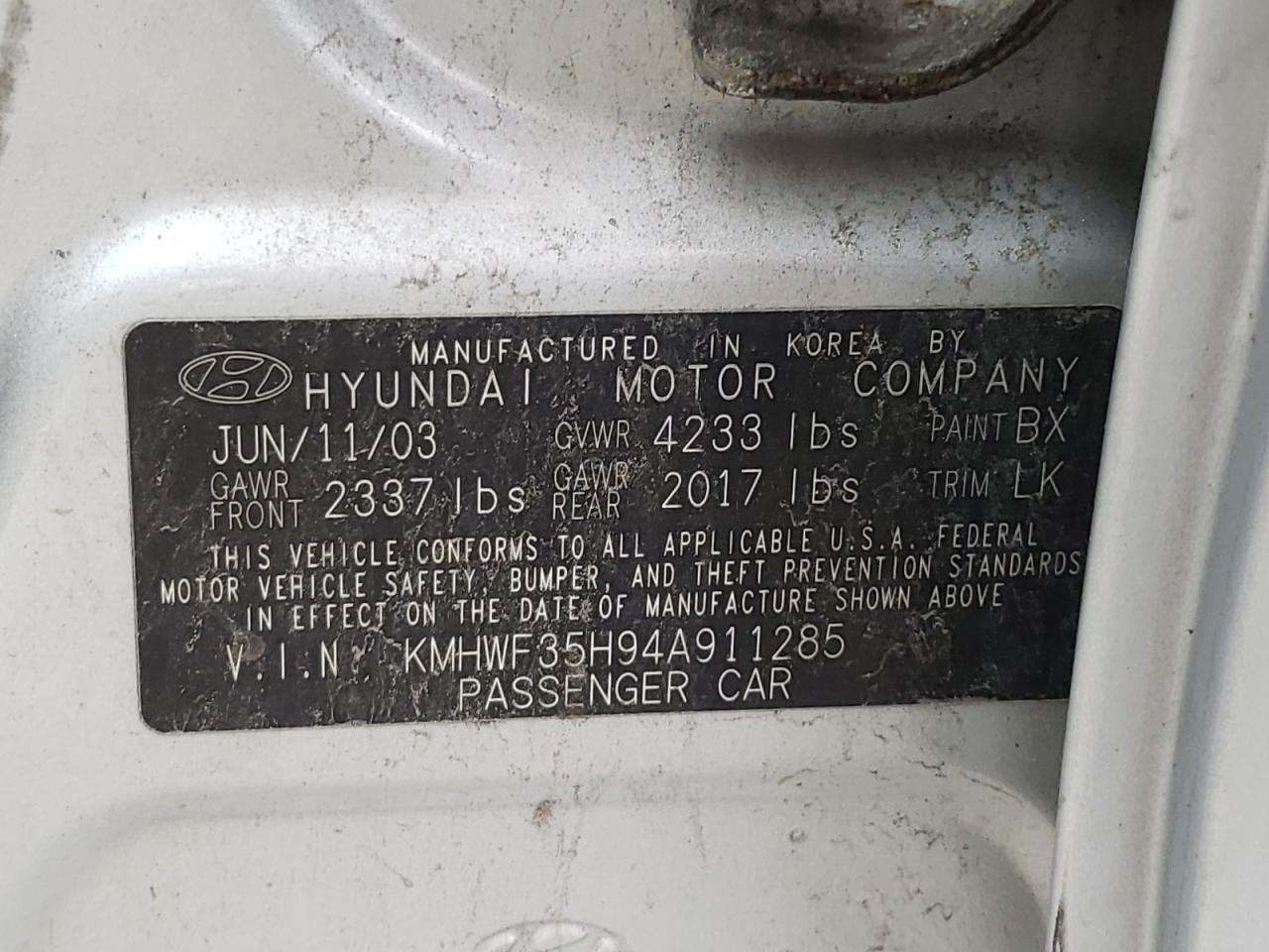 Photo 10 from auction – 2004 HYUNDAI SONATA GLS with VIN KMHWF35H94A911285