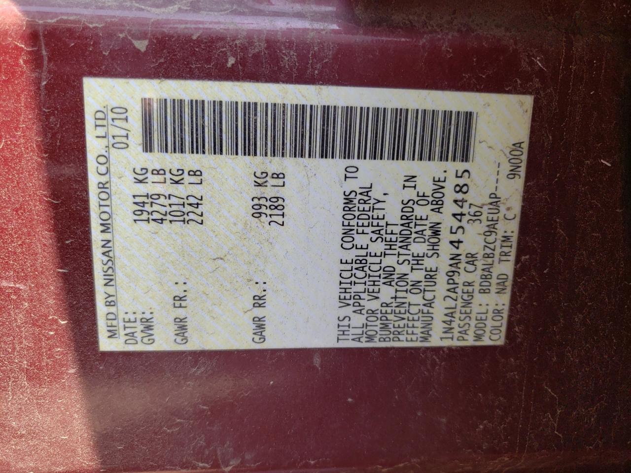 Photo 10 from auction – 2010 NISSAN ALTIMA BAS with VIN 1N4AL2AP9AN454485
