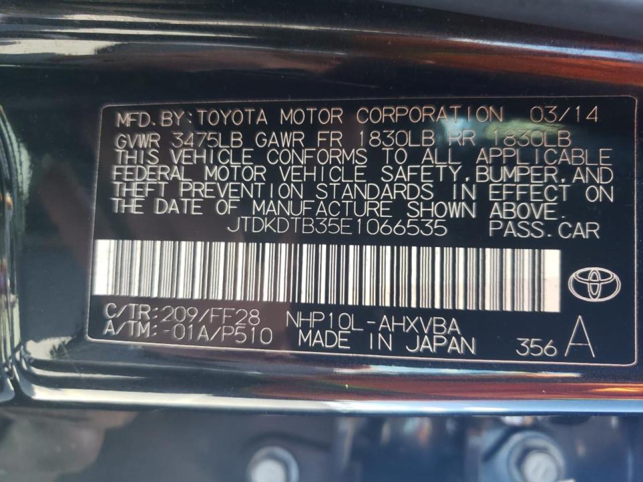 Photo 10 from auction – 2014 TOYOTA PRIUS C with VIN JTDKDTB35E1066535