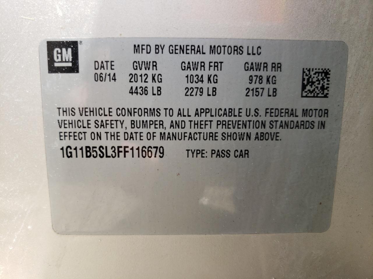 Photo 10 from auction – 2015 CHEVROLET MALIBU LS with VIN 1G11B5SL3FF116679