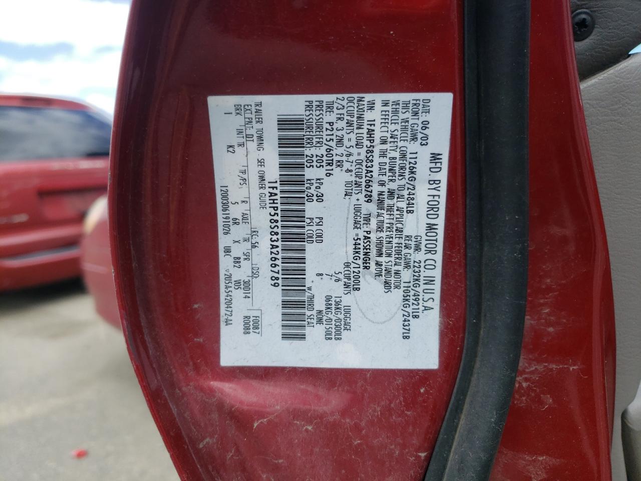 Photo 10 from auction – 2003 FORD TAURUS SE with VIN 1FAHP58S83A266789